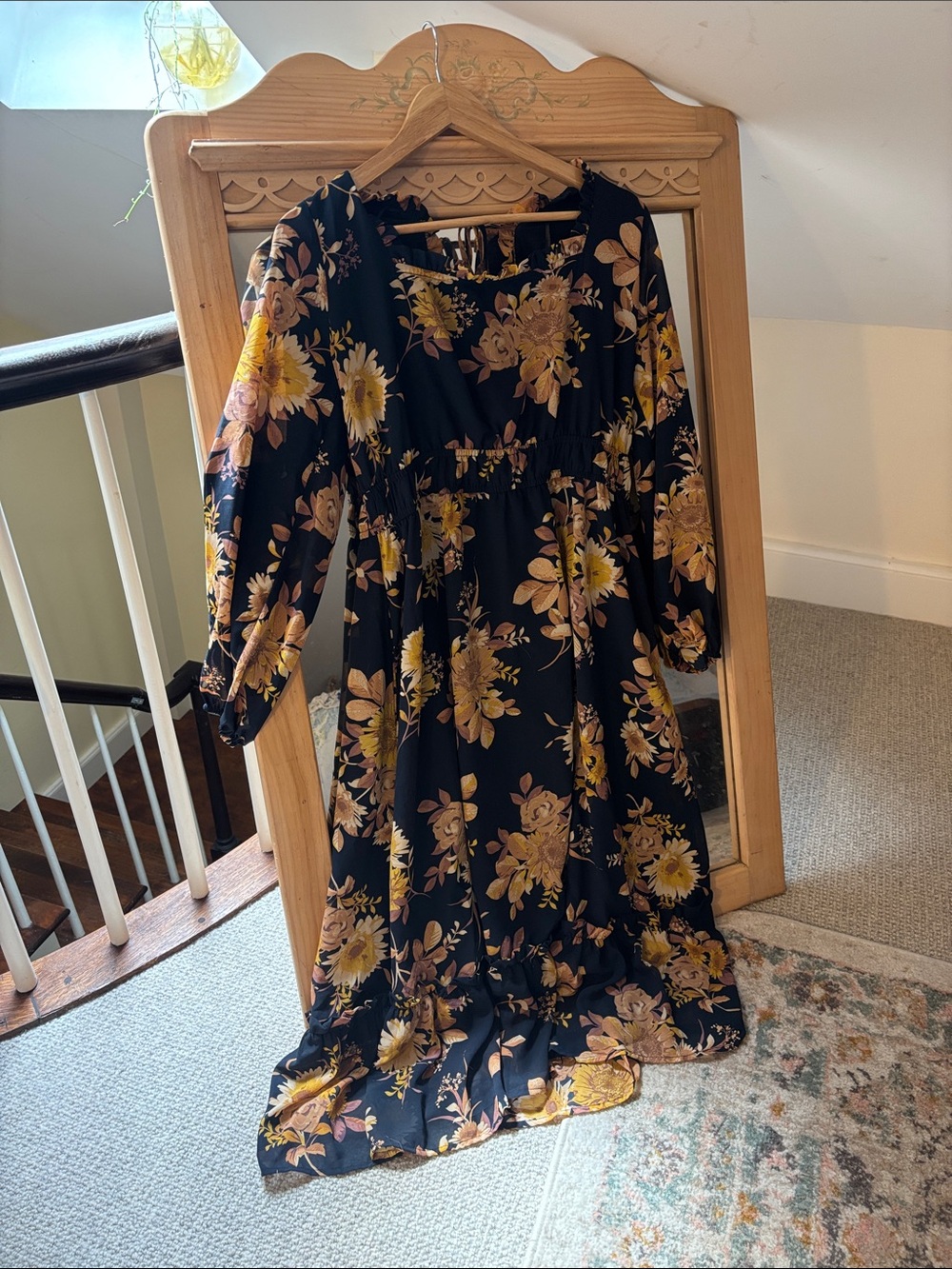 Lost + Wander Black Floral Midi Dress with Yellow and Tan Blooms